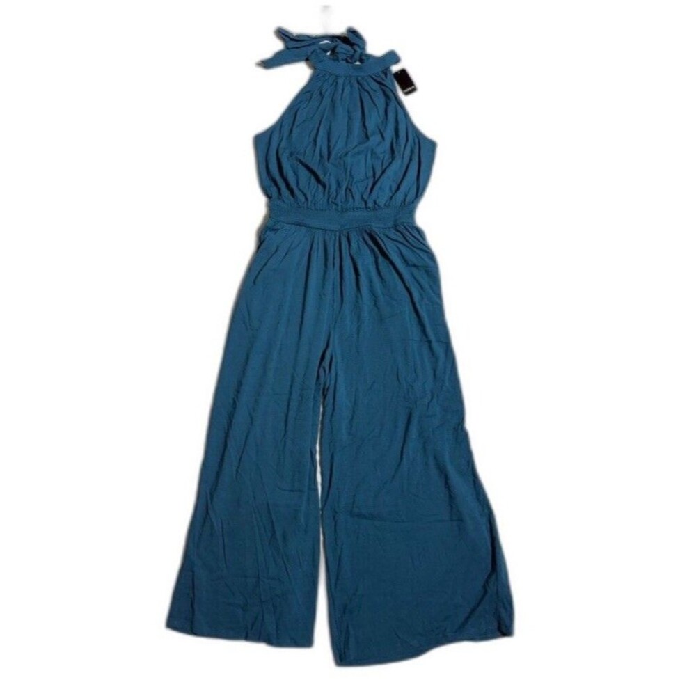 Torrid NWT Halter Wide Leg Jumpsuit Teal Blue Smocked Waist Challis Sz 1X 14-16